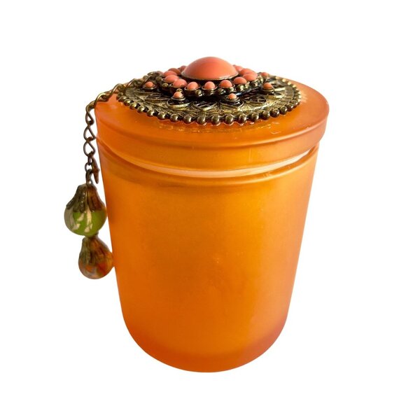 Orange Glass Jar Books Jewel Encrusted Lid Ball Tassle Vanity Jar Jeweled Orange - Picture 9 of 10